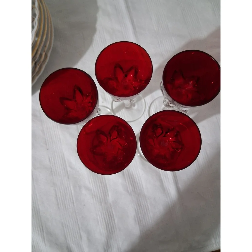 Vintage Ruby Red Glass Wine Goblets Clear Twisted Stem Set of 5 5.25in - Picture 2 of 5